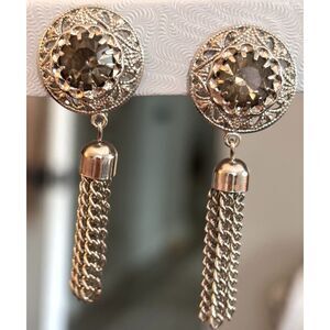 Vintage Art Deco Glass Drop Silver Tassel Flapper Clip-On Earrings